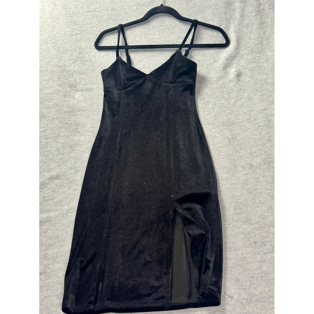 Black Velvet Bodycon Midi Dress with Front Slit and Adjustable Straps